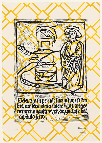 Artist: TYNDALL, Peter | Title: A Person Looks At a Work of Art. Someone looks at something ... II | Date: 1988 | Technique: linocut, printed in black ink, from one block; screenprint, printed in yellow ink, from one stencil
