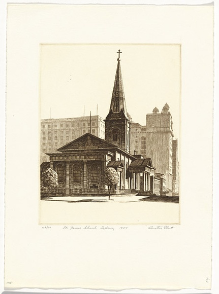 Artist: b'PLATT, Austin' | Title: b'St James Church, Sydney' | Date: 1945 | Technique: b'etching, printed in black ink, from one plate' Artist: b'PLATT, Austin' | Title: b'St James Church, Sydney' | Date: 1945 | Technique: b'etching, printed in black ink, from one plate'