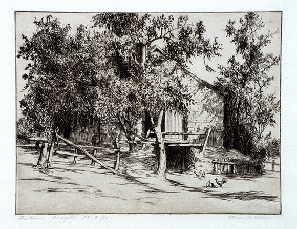 Artist: b'Glover, Allan.' | Title: b'The Barn, Magill' | Date: 1929 | Technique: b'etching, printed in brown ink with plate-tone, from one plate' Artist: b'Glover, Allan.' | Title: b'The Barn, Magill' | Date: 1929 | Technique: b'etching, printed in brown ink with plate-tone, from one plate'