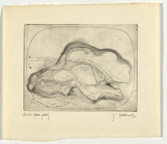 Artist: b'SELLBACH, Udo' | Title: b'(Lying body)' | Date: (1965) | Technique: b'etching with burnishing printed in black ink, from one plate' Artist: b'SELLBACH, Udo' | Title: b'(Lying body)' | Date: (1965) | Technique: b'etching with burnishing printed in black ink, from one plate'