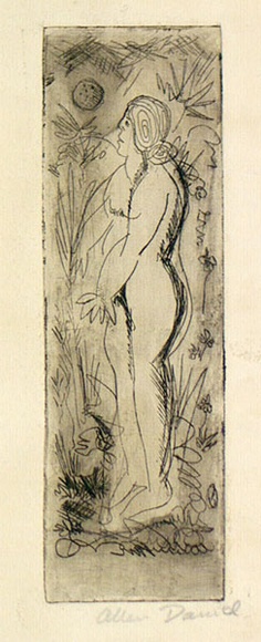 Artist: b'David, Allen.' | Title: b'(Standing nude).' | Date: (1955) | Technique: b'etching, printed in brown ink with plate-tone, from one plate' Artist: b'David, Allen.' | Title: b'(Standing nude).' | Date: (1955) | Technique: b'etching, printed in brown ink with plate-tone, from one plate'