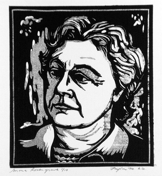 Artist: b'Taylor, John H.' | Title: b'Mona Rosengrave' | Date: 1974 | Technique: b'linocut, printed in black and grey, from two blocks' Artist: b'Taylor, John H.' | Title: b'Mona Rosengrave' | Date: 1974 | Technique: b'linocut, printed in black and grey, from two blocks'