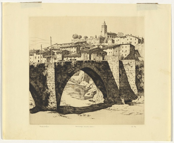 Artist: b'Rose, Herbert.' | Title: b'Old bridge, Besala, Spain' | Date: c.1931 | Technique: b'etching, printed in black ink, from one plate' Artist: b'Rose, Herbert.' | Title: b'Old bridge, Besala, Spain' | Date: c.1931 | Technique: b'etching, printed in black ink, from one plate'
