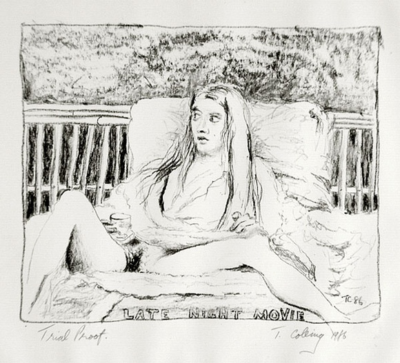 Artist: b'COLEING, Tony' | Title: b'Late night movie.' | Date: 1986 | Technique: b'lithograph, printed in black ink, from one stone [or plate]'