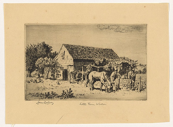 Artist: LINDSAY, Lionel | Title: Little farm, Windsor | Date: 1919 | Technique: etching, printed in warm black ink with plate-tone, from one plate | Copyright: Courtesy of the National Library of Australia