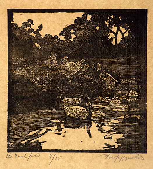 Artist: b'Reynolds, Frederick George.' | Title: b'The duck pond' | Date: (1928) | Technique: b'woodblock, printed in black ink, from one block' Artist: b'Reynolds, Frederick George.' | Title: b'The duck pond' | Date: (1928) | Technique: b'woodblock, printed in black ink, from one block'