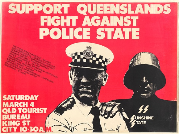 Artist: b'MACKINOLTY, Chips' | Title: bSupport Queensland's fight against police state. | Date: 1978 | Technique: b'screenprint, printed in colour, from two stencils' Artist: b'MACKINOLTY, Chips' | Title: bSupport Queensland's fight against police state. | Date: 1978 | Technique: b'screenprint, printed in colour, from two stencils'