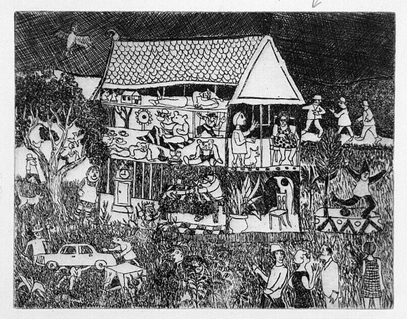 Artist: b'Allen, Joyce.' | Title: b'(House and garden, full of activities).' | Date: (1980s) | Technique: b'etching, printed in black ink, from one plate' Artist: b'Allen, Joyce.' | Title: b'(House and garden, full of activities).' | Date: (1980s) | Technique: b'etching, printed in black ink, from one plate'