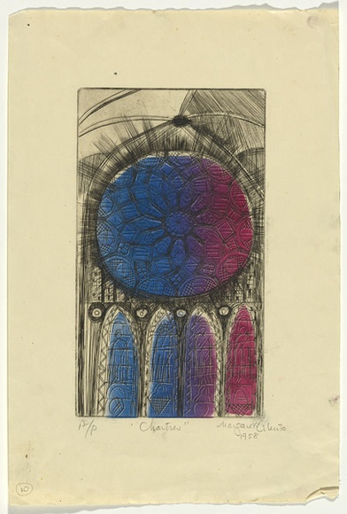 Artist: b'Cilento, Margaret.' | Title: b'Chartres.' | Date: 1958 | Technique: b'etching, printed in colour from three plates' Artist: b'Cilento, Margaret.' | Title: b'Chartres.' | Date: 1958 | Technique: b'etching, printed in colour from three plates'