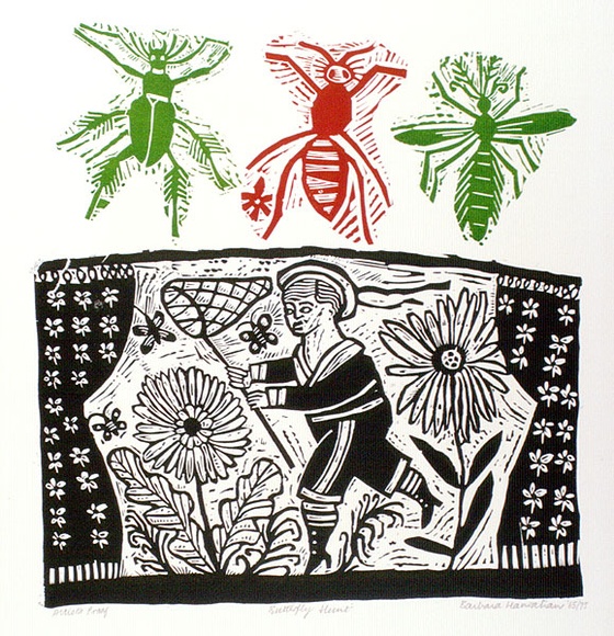 Artist: b'HANRAHAN, Barbara' | Title: b'Butterfly hunt' | Date: 1965 | Technique: b'linocut, printed in colour, from four blocks' Artist: b'HANRAHAN, Barbara' | Title: b'Butterfly hunt' | Date: 1965 | Technique: b'linocut, printed in colour, from four blocks'