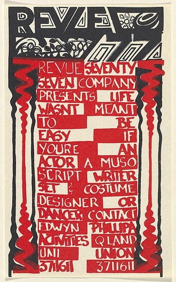 Artist: b'Doherty, Brian.' | Title: b'Revue 77.' | Date: 1977 | Technique: b'screenprint, printed in colour, from multiple stencils' | Copyright: b'\xc2\xa9 Brian Doherty. Licensed by VISCOPY, Australia'