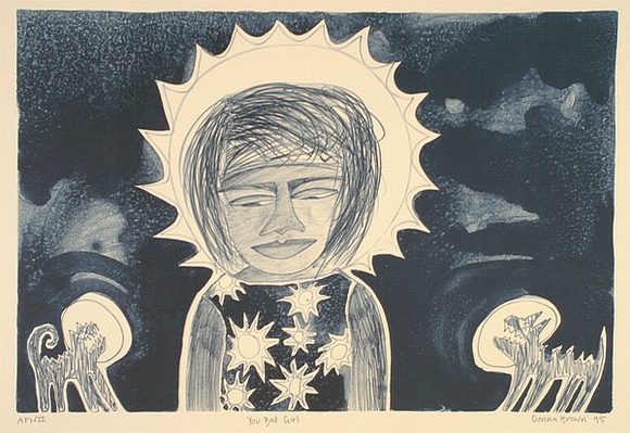 Artist: b'Brown, Donna.' | Title: b'You bad girl' | Date: 1995, June | Technique: b'lithograph, printed in blue ink, from one stone' Artist: b'Brown, Donna.' | Title: b'You bad girl' | Date: 1995, June | Technique: b'lithograph, printed in blue ink, from one stone'
