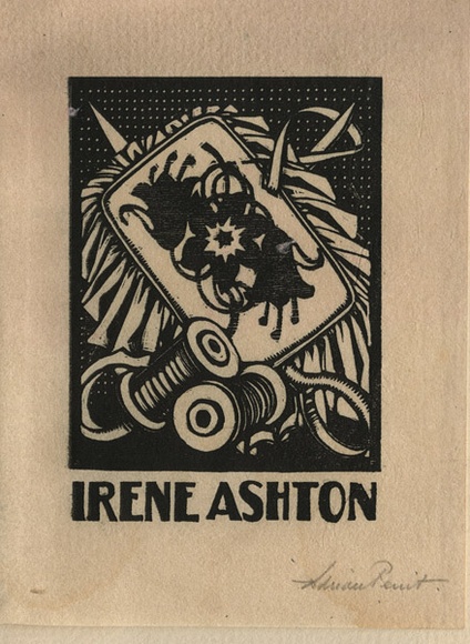 Artist: b'FEINT, Adrian' | Title: b'Bookplate: Irene Ashton.' | Date: (1927) | Technique: b'wood-engraving, printed in black ink, from one block' | Copyright: b'Courtesy the Estate of Adrian Feint' Artist: b'FEINT, Adrian' | Title: b'Bookplate: Irene Ashton.' | Date: (1927) | Technique: b'wood-engraving, printed in black ink, from one block' | Copyright: b'Courtesy the Estate of Adrian Feint'