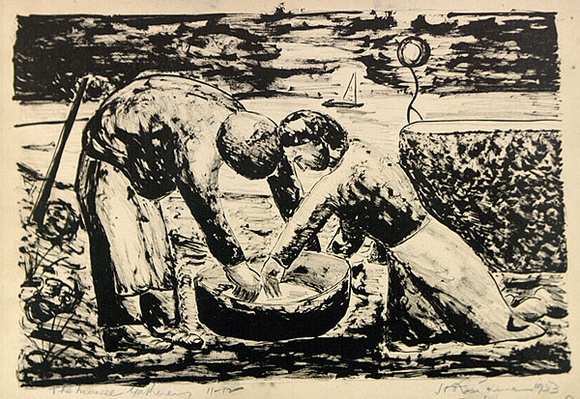 Artist: b'ROSENGRAVE, Harry' | Title: b'The mussel gatherers' | Date: 1953 | Technique: b'lithograph, printed in black ink, from one plate' Artist: b'ROSENGRAVE, Harry' | Title: b'The mussel gatherers' | Date: 1953 | Technique: b'lithograph, printed in black ink, from one plate'