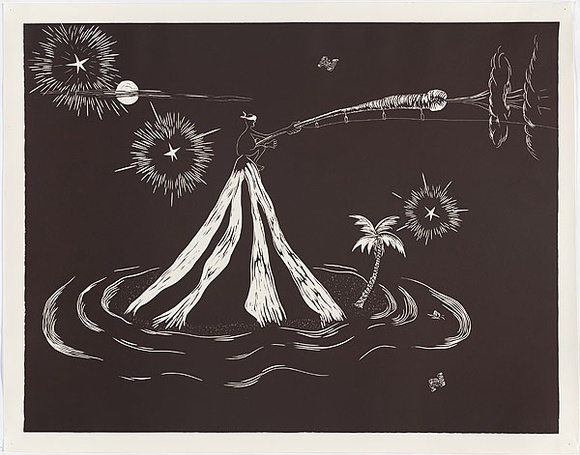 Artist: b'COLEING, Tony' | Title: b'Battlefield (volcano with palm tree).' | Date: 1986 | Technique: b'linocut, printed in black ink, from one block' Artist: b'COLEING, Tony' | Title: b'Battlefield (volcano with palm tree).' | Date: 1986 | Technique: b'linocut, printed in black ink, from one block'