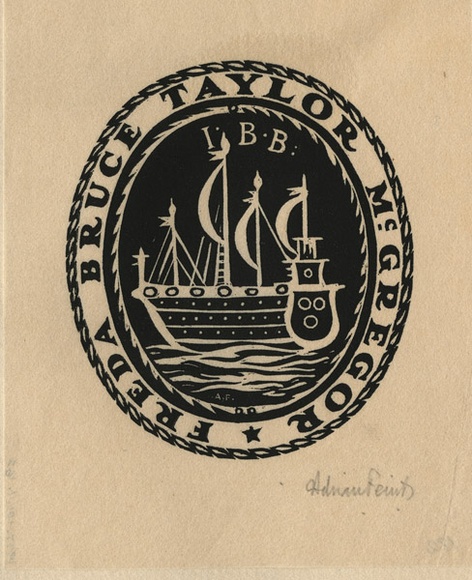 Artist: b'FEINT, Adrian' | Title: b'Bookplate: Freda Bruce Taylor McGregor.' | Date: (1938) | Technique: b'wood-engraving, printed in black ink, from one block' | Copyright: b'Courtesy the Estate of Adrian Feint' Artist: b'FEINT, Adrian' | Title: b'Bookplate: Freda Bruce Taylor McGregor.' | Date: (1938) | Technique: b'wood-engraving, printed in black ink, from one block' | Copyright: b'Courtesy the Estate of Adrian Feint'