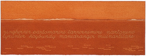 Artist: b'MADDOCK, Bea' | Title: b'Terra Spiritus...with a darker shade of pale' | Date: 1993-98 | Technique: b'stencil print, printed in hand-ground Launceston ochre from multiple hand-cut mylar stencils; letterpress text blind printed; hand-drawn script' Artist: b'MADDOCK, Bea' | Title: b'Terra Spiritus...with a darker shade of pale' | Date: 1993-98 | Technique: b'stencil print, printed in hand-ground Launceston ochre from multiple hand-cut mylar stencils; letterpress text blind printed; hand-drawn script'
