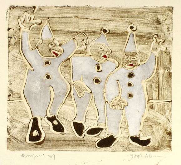 Artist: b'Allen, Joyce.' | Title: b'(Clowns).' | Date: 1987 | Technique: b'monotype, printed in brown ink, from one plate, hand-coloured' Artist: b'Allen, Joyce.' | Title: b'(Clowns).' | Date: 1987 | Technique: b'monotype, printed in brown ink, from one plate, hand-coloured'