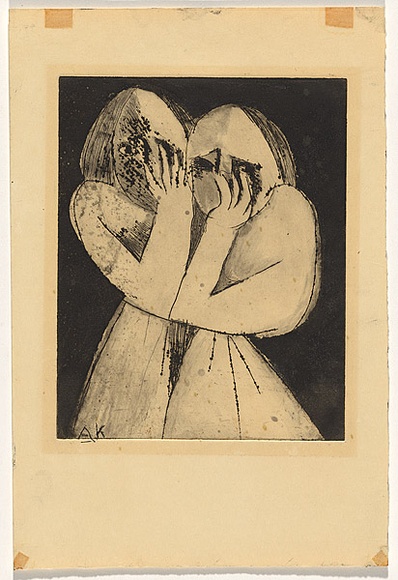 Artist: b'Kriegel, Adam.' | Title: b'(Two girls hiding)' | Date: 1950s | Technique: b'etching and aquatint, printed in black ink, from one plate' Artist: b'Kriegel, Adam.' | Title: b'(Two girls hiding)' | Date: 1950s | Technique: b'etching and aquatint, printed in black ink, from one plate'