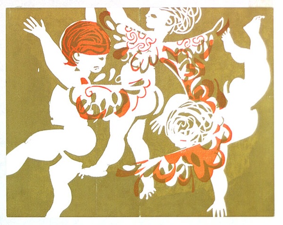 Artist: b'Stringer, John.' | Title: b'Greeting card: (three putti).' | Date: (1962) | Technique: b'linocut, printed in colour, from multiple blocks' Artist: b'Stringer, John.' | Title: b'Greeting card: (three putti).' | Date: (1962) | Technique: b'linocut, printed in colour, from multiple blocks'