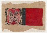 Artist: b'KOGAN, Danial' | Title: b'Childproof [page 23]' | Date: 1993 | Technique: b'linocut, printed in red and black ink, from two blocks; additional handcolouring and collaged feathers' | Copyright: b'\xc2\xa9 Danial Lalor Kogan'