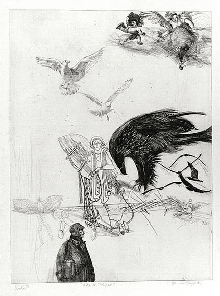 Artist: b'GRIFFITH, Pamela' | Title: b'Ode to flight' | Date: 1980 | Technique: b'etching, soft ground, hard ground, rocker, aquatint, second hard ground sandpaper lift, spray & spatter resist, soft ground drawing & burnishing printed in black ink, from one zinc plate' | Copyright: b'\xc2\xa9 Pamela Griffith' Artist: b'GRIFFITH, Pamela' | Title: b'Ode to flight' | Date: 1980 | Technique: b'etching, soft ground, hard ground, rocker, aquatint, second hard ground sandpaper lift, spray & spatter resist, soft ground drawing & burnishing printed in black ink, from one zinc plate' | Copyright: b'\xc2\xa9 Pamela Griffith'