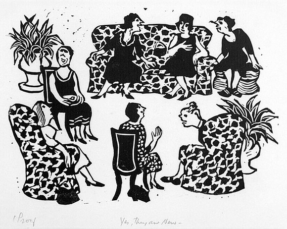 Artist: b'Allen, Joyce.' | Title: b'Yes, they are new.' | Date: 1986 | Technique: b'linocut, printed in black ink, from one block' Artist: b'Allen, Joyce.' | Title: b'Yes, they are new.' | Date: 1986 | Technique: b'linocut, printed in black ink, from one block'