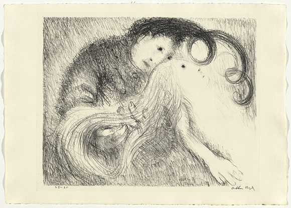 Artist: b'BOYD, Arthur' | Title: bSt Francis holding St Clare's hair. | Date: (1965) | Technique: b'lithograph, printed in black ink, from one plate' | Copyright: b'Reproduced with permission of Bundanon Trust' Artist: b'BOYD, Arthur' | Title: bSt Francis holding St Clare's hair. | Date: (1965) | Technique: b'lithograph, printed in black ink, from one plate' | Copyright: b'Reproduced with permission of Bundanon Trust'