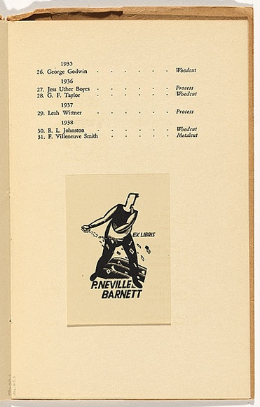 Artist: b'Thake, Eric.' | Title: b'Bookplate: P. Neville Barnett.' | Date: 1932 | Technique: b'wood-engraving, printed in black ink, from one block' Artist: b'Thake, Eric.' | Title: b'Bookplate: P. Neville Barnett.' | Date: 1932 | Technique: b'wood-engraving, printed in black ink, from one block'
