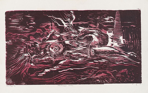 Artist: b'MEYER, Bill' | Title: b'Landscaped lady' | Date: 1969 | Technique: b'woodcut, printed in two colours, from one block; initial printing with block tone and grain' | Copyright: b'\xc2\xa9 Bill Meyer' Artist: b'MEYER, Bill' | Title: b'Landscaped lady' | Date: 1969 | Technique: b'woodcut, printed in two colours, from one block; initial printing with block tone and grain' | Copyright: b'\xc2\xa9 Bill Meyer'