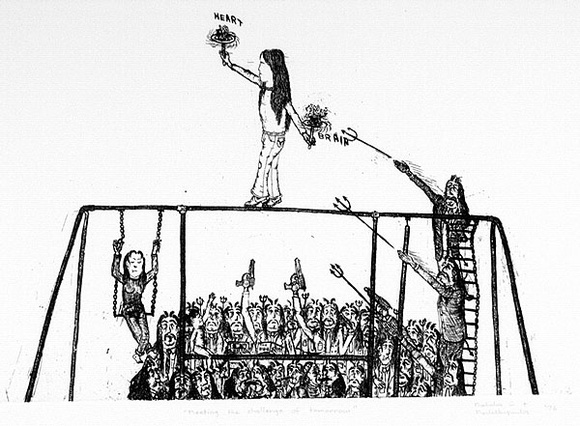 Artist: b'Nedelkopoulos, Nicholas.' | Title: b'Meeting the challenge of tomorrow' | Date: 1976 | Technique: b'etching, printed in black ink, from one plate' Artist: b'Nedelkopoulos, Nicholas.' | Title: b'Meeting the challenge of tomorrow' | Date: 1976 | Technique: b'etching, printed in black ink, from one plate'