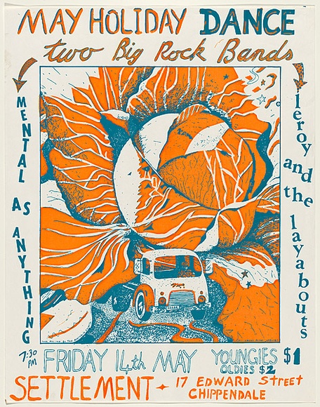 Artist: b'WORSTEAD, Paul' | Title: b'May Holiday Dance two big rock bands: Mental as Anything, Leror and the Layabouts ... Settlement 17 Edward Street Chippendale' | Date: 1976 | Technique: b'screenprint, printed in colour, from multiple stencils' | Copyright: b'This work appears on screen courtesy of the artist' Artist: b'WORSTEAD, Paul' | Title: b'May Holiday Dance two big rock bands: Mental as Anything, Leror and the Layabouts ... Settlement 17 Edward Street Chippendale' | Date: 1976 | Technique: b'screenprint, printed in colour, from multiple stencils' | Copyright: b'This work appears on screen courtesy of the artist'