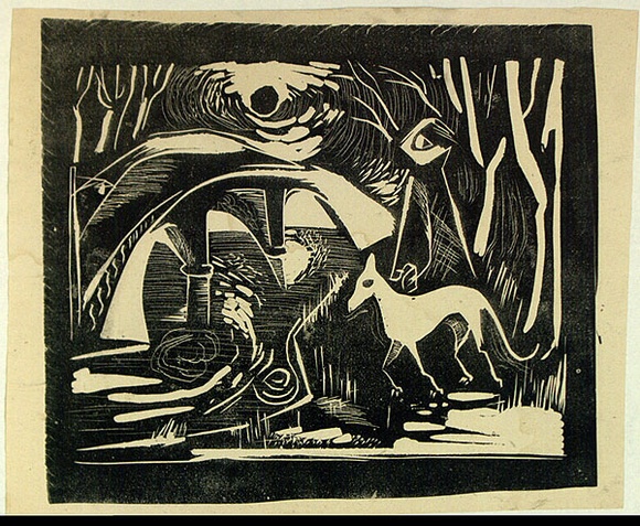 Artist: b'French, Len.' | Title: b'(Dog by the stream).' | Date: (1955) | Technique: b'lithograph, printed in black ink, from one plate' | Copyright: b'\xc2\xa9 Leonard French. Licensed by VISCOPY, Australia' Artist: b'French, Len.' | Title: b'(Dog by the stream).' | Date: (1955) | Technique: b'lithograph, printed in black ink, from one plate' | Copyright: b'\xc2\xa9 Leonard French. Licensed by VISCOPY, Australia'