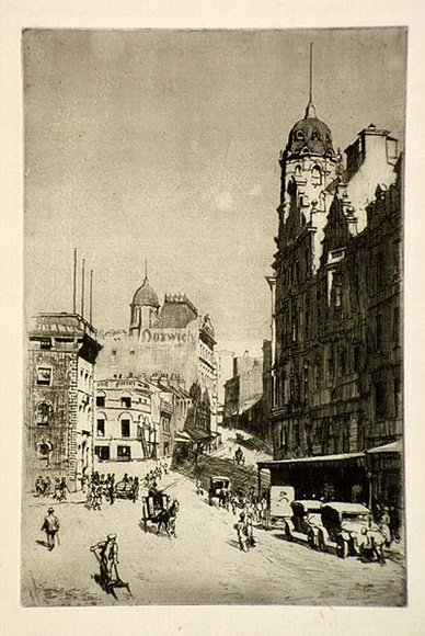 Artist: b'LINDSAY, Lionel' | Title: b'Hunter Street, Sydney' | Date: 1922 | Technique: b'etching, printed in black ink with plate-tone, from one plate' | Copyright: b'Courtesy of the National Library of Australia' Artist: b'LINDSAY, Lionel' | Title: b'Hunter Street, Sydney' | Date: 1922 | Technique: b'etching, printed in black ink with plate-tone, from one plate' | Copyright: b'Courtesy of the National Library of Australia'