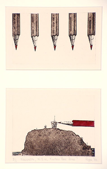 Artist: b'Robinson, Pippa' | Title: b'Newcastle N.S.W. nuclear free zone?' | Date: 1985 | Technique: b'etching, hand-coloured' Artist: b'Robinson, Pippa' | Title: b'Newcastle N.S.W. nuclear free zone?' | Date: 1985 | Technique: b'etching, hand-coloured'