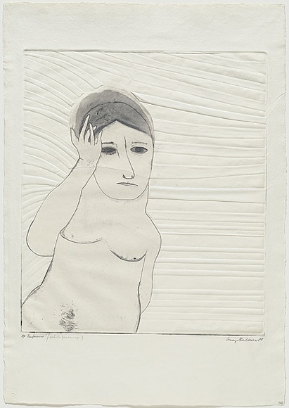 Artist: b'BALDESSIN, George' | Title: b'Performer (white personage).' | Date: 1968 | Technique: b'etching and aquatint, printed in colour; embossing' Artist: b'BALDESSIN, George' | Title: b'Performer (white personage).' | Date: 1968 | Technique: b'etching and aquatint, printed in colour; embossing'