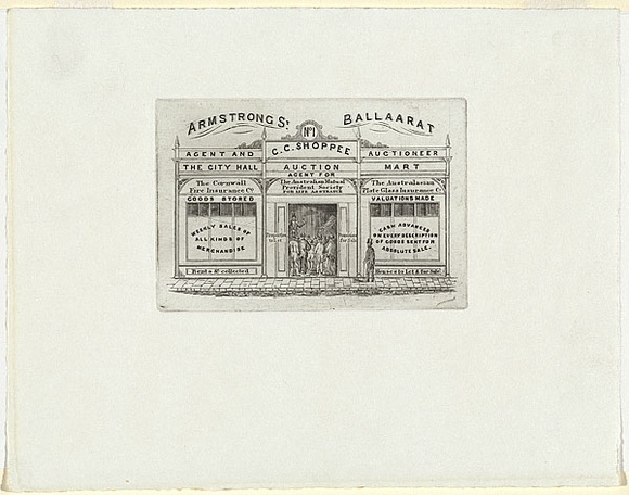 Artist: b'UNKNOWN' | Title: b'Trade card: C.C. Shoppee, Auctioneer Ballarat.' | Date: c.1860 | Technique: b'line-engraving, printed in black ink, from one copper plate' Artist: b'UNKNOWN' | Title: b'Trade card: C.C. Shoppee, Auctioneer Ballarat.' | Date: c.1860 | Technique: b'line-engraving, printed in black ink, from one copper plate'