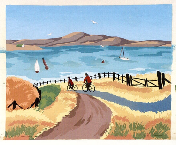 Artist: Sumner, Alan. | Title: Cyclists near Corio Bay | Date: c.1944 | Technique: screenprint, printed in colour, from 16 stencils