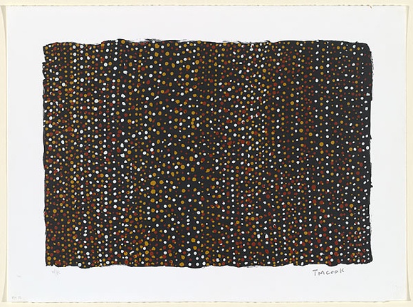 Artist: b'RED HAND PRINT' | Title: b'Jilamarra - lots of raining dots on a black background' | Date: 1998, 2 February | Technique: b'screenprint, printed in colour, from multiple stencils' Artist: b'RED HAND PRINT' | Title: b'Jilamarra - lots of raining dots on a black background' | Date: 1998, 2 February | Technique: b'screenprint, printed in colour, from multiple stencils'