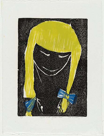 Artist: b'Buckley, Sue.' | Title: b'Girl with yellow hair.' | Date: 1962 | Technique: b'woodcut, printed in colour, from multiple blocks' | Copyright: b'This work appears on screen courtesy of Sue Buckley and her sister Jean Hanrahan' Artist: b'Buckley, Sue.' | Title: b'Girl with yellow hair.' | Date: 1962 | Technique: b'woodcut, printed in colour, from multiple blocks' | Copyright: b'This work appears on screen courtesy of Sue Buckley and her sister Jean Hanrahan'