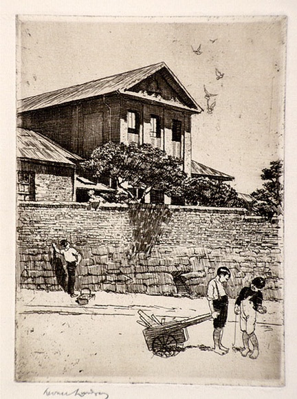 Artist: b'LINDSAY, Lionel' | Title: b'Birthplace of David Scott Mitchell, Cumberland Street, Sydney' | Date: 1913 | Technique: b'etching, printed in brown ink with plate-tone, from one plate' | Copyright: b'Courtesy of the National Library of Australia'
