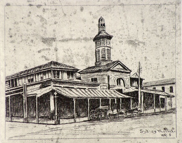Artist: b'SIDMAN, William' | Title: b'The old Sydney Markets' | Date: 1891 | Technique: b'etching, printed in black ink, with plate-tone, from one copper plate' Artist: b'SIDMAN, William' | Title: b'The old Sydney Markets' | Date: 1891 | Technique: b'etching, printed in black ink, with plate-tone, from one copper plate'