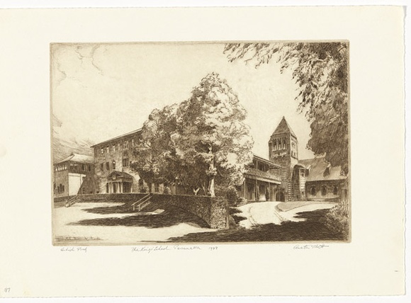 Artist: b'PLATT, Austin' | Title: b'The Kings School, Parramatta' | Date: 1938 | Technique: b'etching, printed in black ink, from one plate' Artist: b'PLATT, Austin' | Title: b'The Kings School, Parramatta' | Date: 1938 | Technique: b'etching, printed in black ink, from one plate'