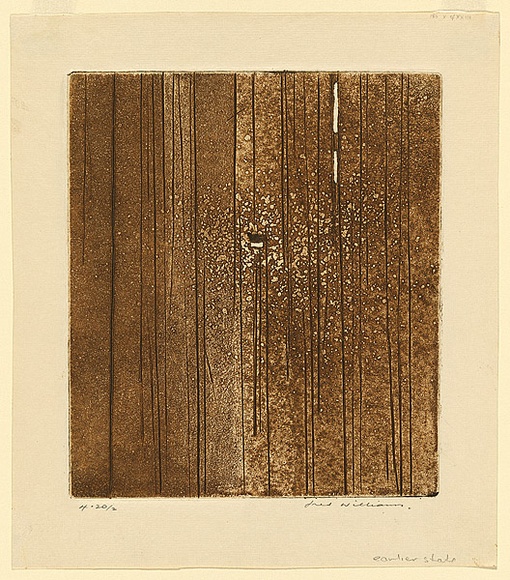 Artist: b'WILLIAMS, Fred' | Title: b'Sherbrooke Forest. Number 1' | Date: 1961 | Technique: b'engraving, aquatint, open biting, foul biting, printed in brown ink, from one copper plate' | Copyright: b'\xc2\xa9 Fred Williams Estate' Artist: b'WILLIAMS, Fred' | Title: b'Sherbrooke Forest. Number 1' | Date: 1961 | Technique: b'engraving, aquatint, open biting, foul biting, printed in brown ink, from one copper plate' | Copyright: b'\xc2\xa9 Fred Williams Estate'