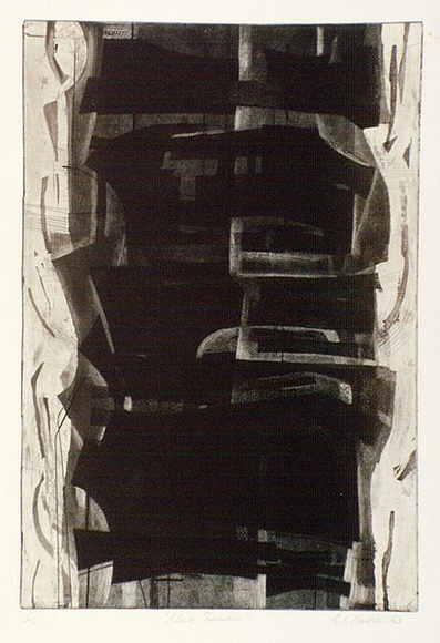Artist: b'Backen, Earle.' | Title: b'Black Structure.' | Date: 1963 | Technique: b'etching and aquatint, printed in colour, from one copper plate' Artist: b'Backen, Earle.' | Title: b'Black Structure.' | Date: 1963 | Technique: b'etching and aquatint, printed in colour, from one copper plate'