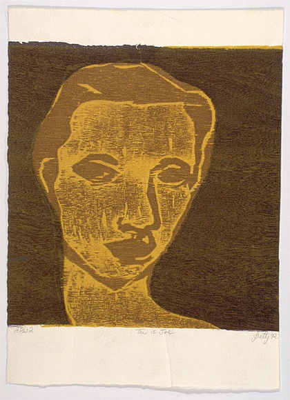 Artist: b'Kovacs, Beth.' | Title: b'This is Joe' | Date: 1992 | Technique: b'woodcut, printed in colour, from three blocks' | Copyright: b'\xc2\xa9 bethkov' Artist: b'Kovacs, Beth.' | Title: b'This is Joe' | Date: 1992 | Technique: b'woodcut, printed in colour, from three blocks' | Copyright: b'\xc2\xa9 bethkov'