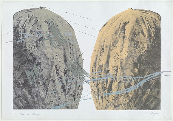 Artist: b'MEYER, Bill' | Title: b'Bags and valleys' | Date: 1986 | Technique: b'photo-screenprint, printed in colour, from five stencils' | Copyright: b'\xc2\xa9 Bill Meyer' Artist: b'MEYER, Bill' | Title: b'Bags and valleys' | Date: 1986 | Technique: b'photo-screenprint, printed in colour, from five stencils' | Copyright: b'\xc2\xa9 Bill Meyer'