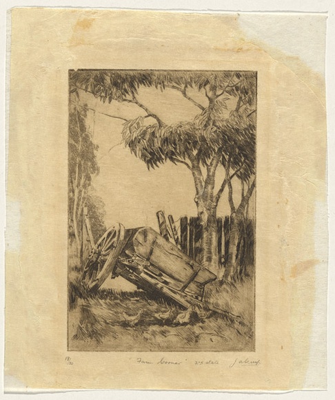 Artist: b'Crisp, James.' | Title: b'Farm corner.' | Date: 1923 | Technique: b'etching, printed in warm black ink with plate-tone, from one plate' Artist: b'Crisp, James.' | Title: b'Farm corner.' | Date: 1923 | Technique: b'etching, printed in warm black ink with plate-tone, from one plate'