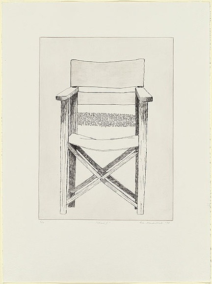 Artist: b'MADDOCK, Bea' | Title: b'Chair I' | Date: September 1974 | Technique: b'etching and burnished aquatint, printed in black ink, from one zinc plate' Artist: b'MADDOCK, Bea' | Title: b'Chair I' | Date: September 1974 | Technique: b'etching and burnished aquatint, printed in black ink, from one zinc plate'
