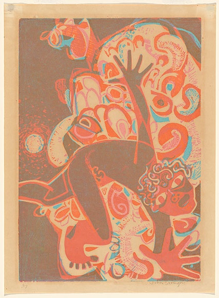 Artist: b'Stringer, John.' | Title: b'Icarus falling' | Date: 1960 | Technique: b'woodcut, printed in colour, from multiple blocks'